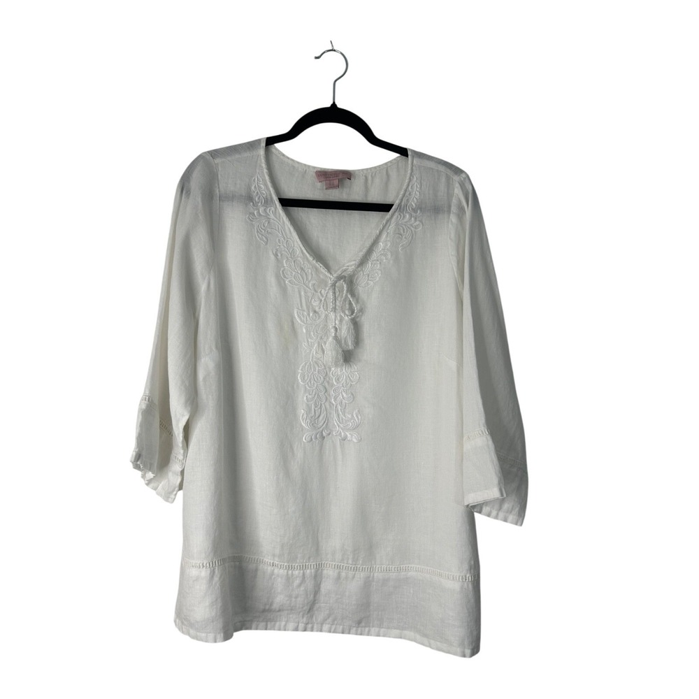 Saint Tropez West Linen Top Size 1X White Tonal Embroidered V-Neck Tassel Tie